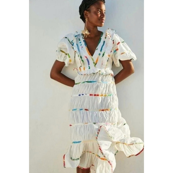 FARM Rio Dresses & Skirts - Farm Rio | Mixed Off-White Prints Midi Tiered Dress White Rainbow Size Large
